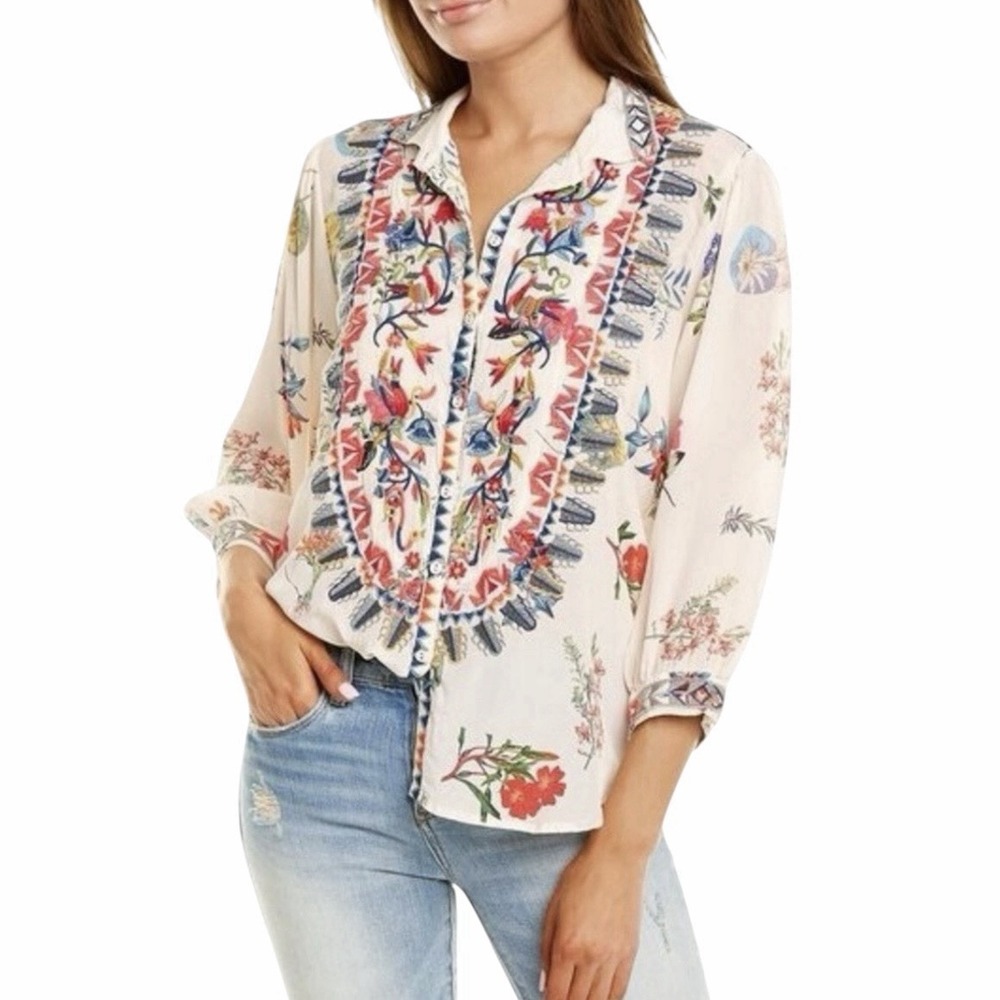 Johnny Was Biya 100% Silk Floral Embroidered Button Up Shirt Size S Cream Boho